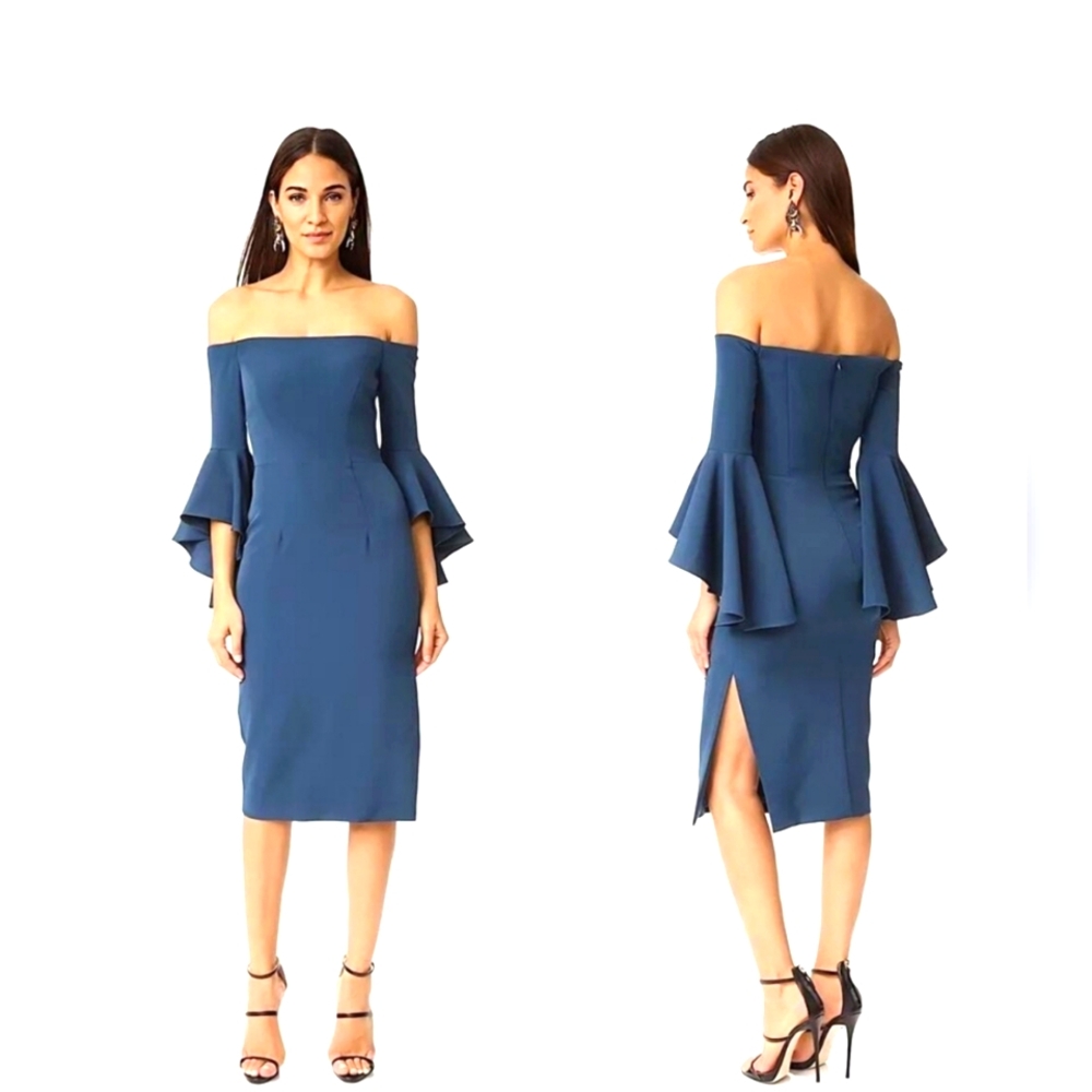 Anthropologie Milly 4 blue Off-The-Shoulder Ruffle Sleeve Sheath Dress - sz 4